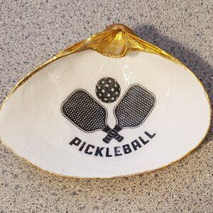Decoupage Pickleball Shell Hand Painted Gold Leaf Trim Trinket Tray